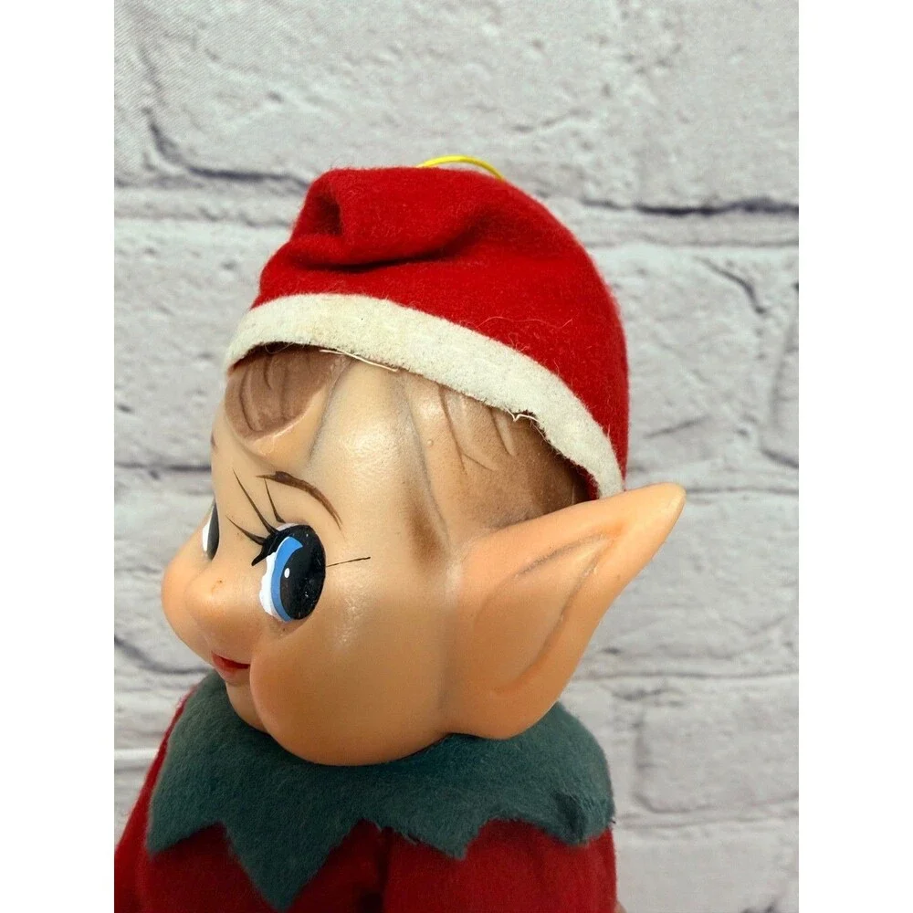 Vtg Knee Hugger Elf Large Pointy Ears 8” Japan Red Suit Blue Eyes